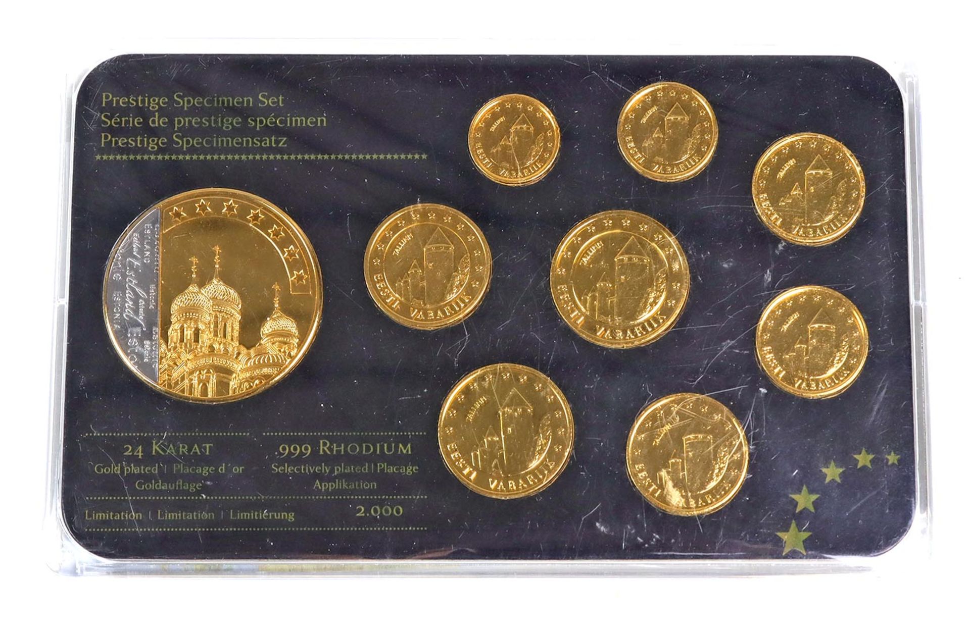 Eurosatz EstlandPrestige Specimen Set, 24 Karat vergoldetes 999 Rhodium, 9 Stück in O