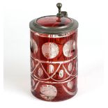 Andenkenkrug *Sächsische Schweiz* um 1840/60farbloses Kristallglas mundgeblasen, rubi