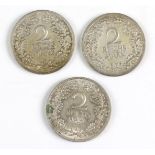 3x 2 Reichsmark Weimarer RepublikSilber, dabei 1926 F, 1927 A u. 1931 D, ges. 3 Stück