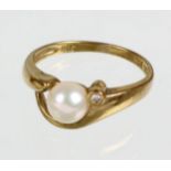 Akoya Perl Brillant Ring GG 333punziert Gelbgold 333 (8 Karat), ca. 2,25 Gramm, geschw