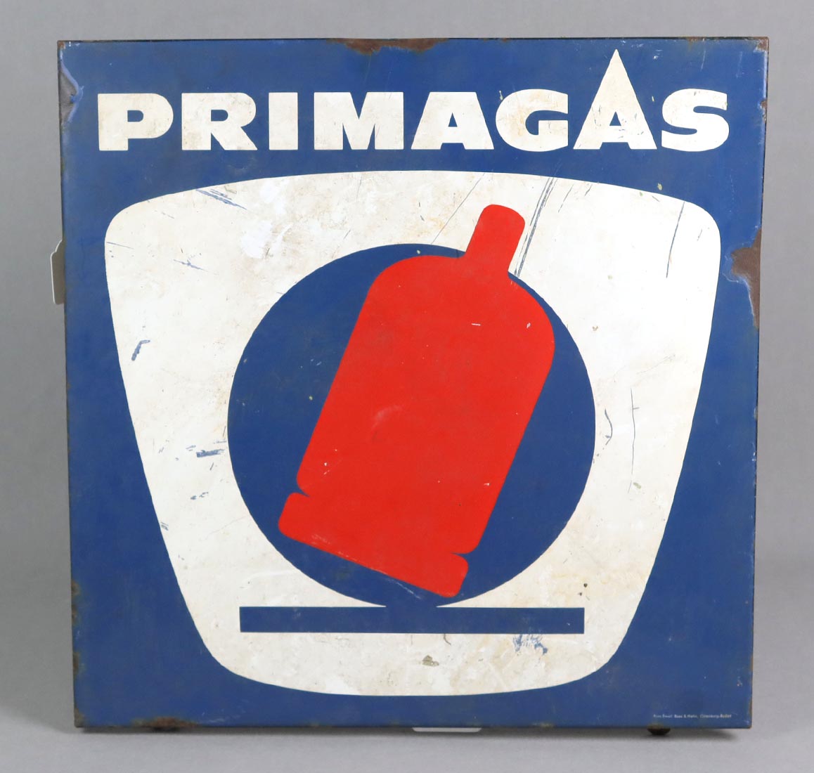 Emailleschild *Primagas*quadratisches Blechschild farbig emailliert, rechts unten *Pyr