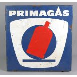 Emailleschild *Primagas*quadratisches Blechschild farbig emailliert, rechts unten *Pyr