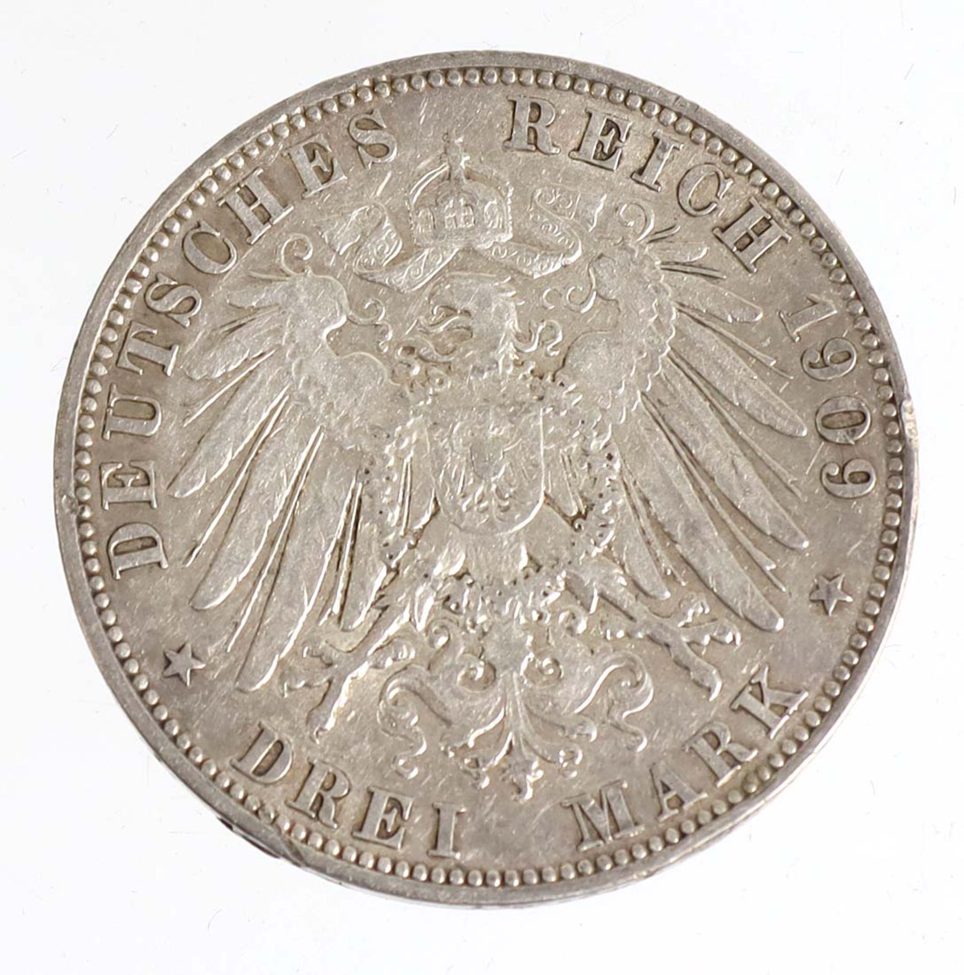 3 Mark Friedrich August von Sachsen 1909 ESilbermünze Drei Mark Deutsches Reich 1909, - Bild 2 aus 2