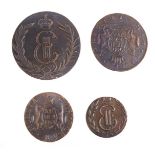 4 Kupfer Münzen RusslandElisabeth II., dabei Poluschka, Denga u. 2 Kopeki 1764 sowie