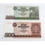 200 und 500 Mark DDR 19852 kassenfrische Geldscheine der Staatsbank der DDR von 1985