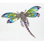 Libelle mit Fenster Emaille Silberpunziert 925, ca. 10,6 Gramm, als Brosche bzw. Anhä