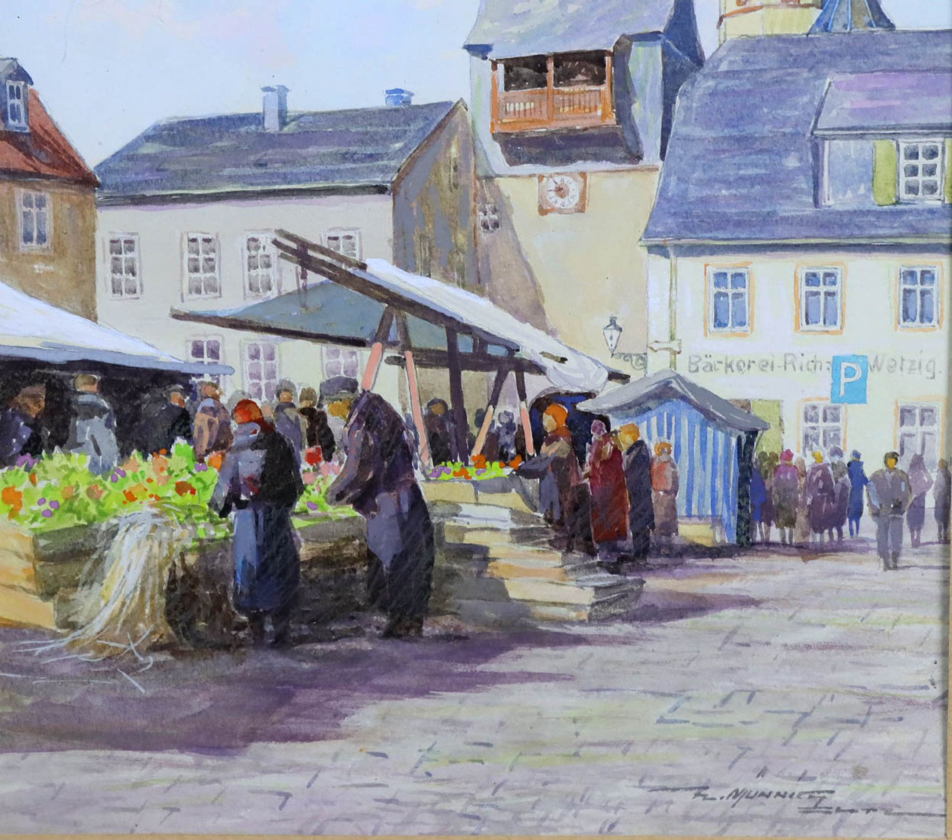 Markttag in Burgstädt - Münnich, Hans 1939Aquarell rechts unten signiert H. Münnich - Bild 2 aus 3