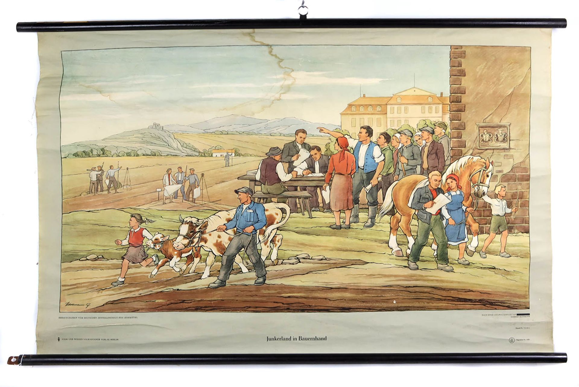 Schulkarte *Junkerland in Bauernhand*farbig lithographierte Rollkarte des Volk und Wis