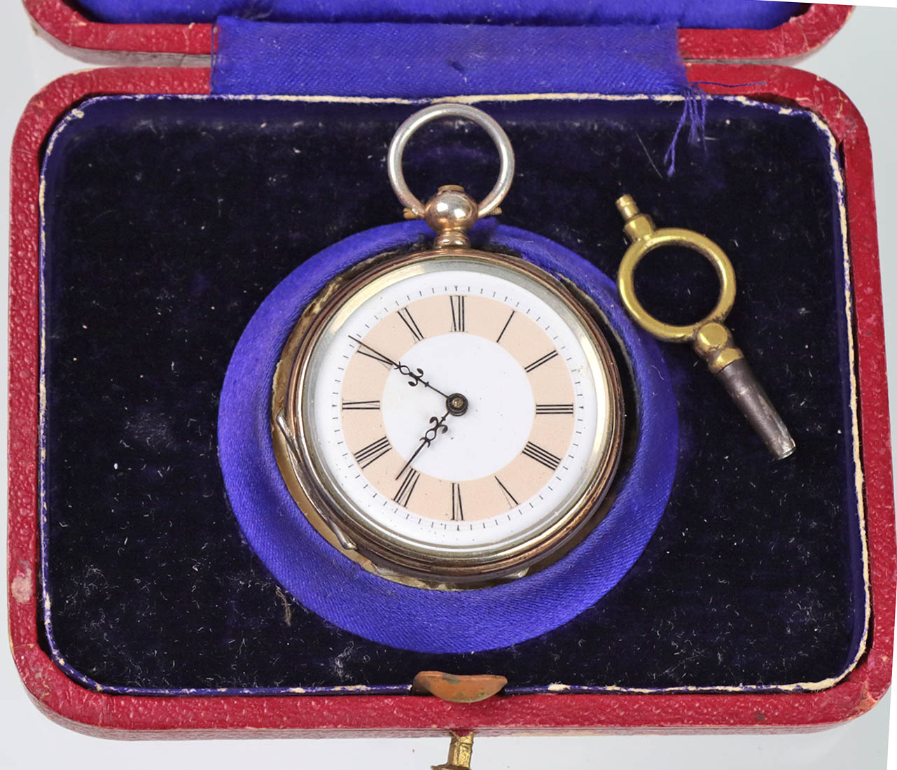 Schlüsseltaschenuhr Silber mit Roségold Teilvergoldung, zweifarbiges Emaille Zifferb