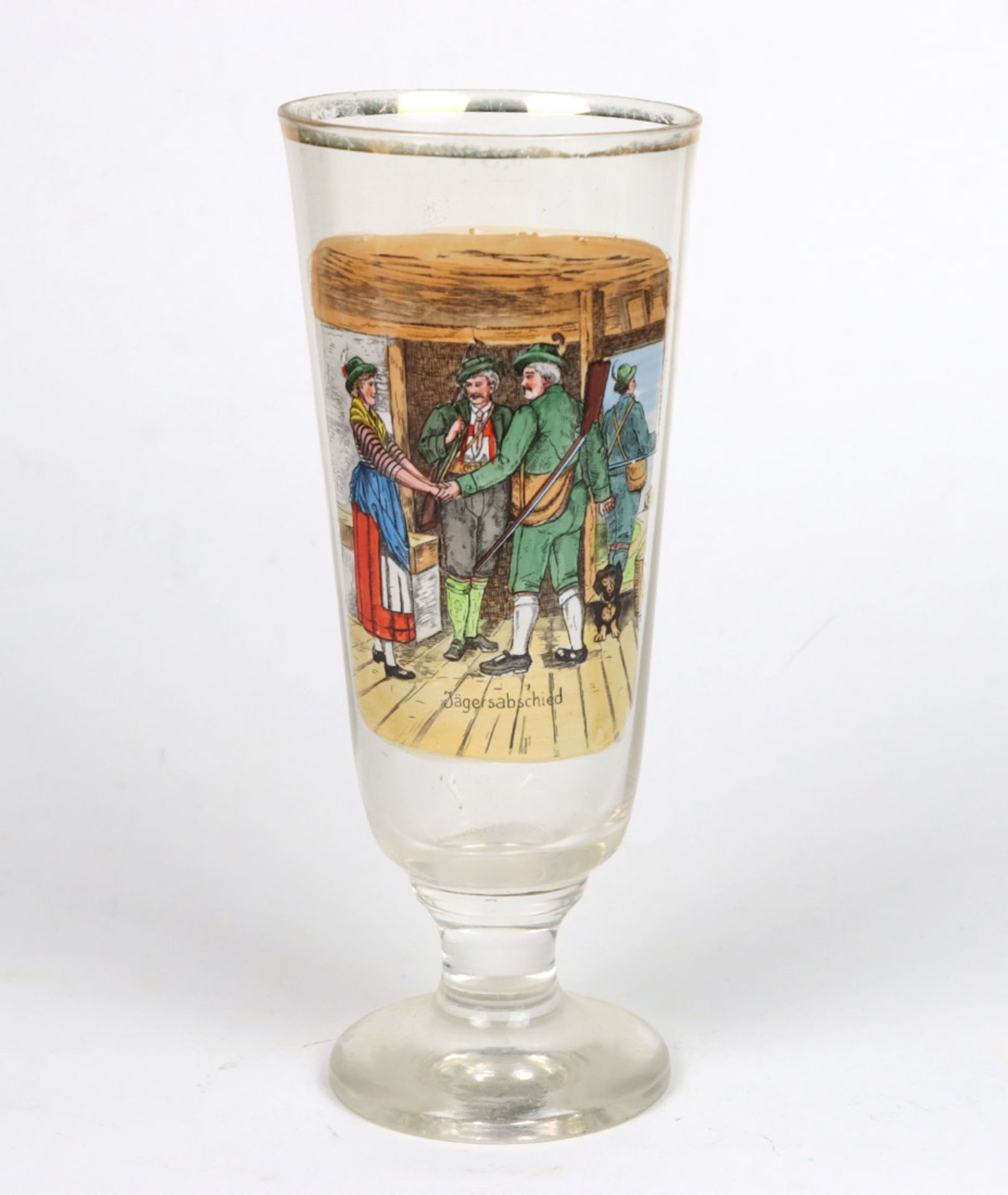 Andenkenpokal Jäger um 1900 farbloses Glas mundgeblasen, große optisch facettierte K