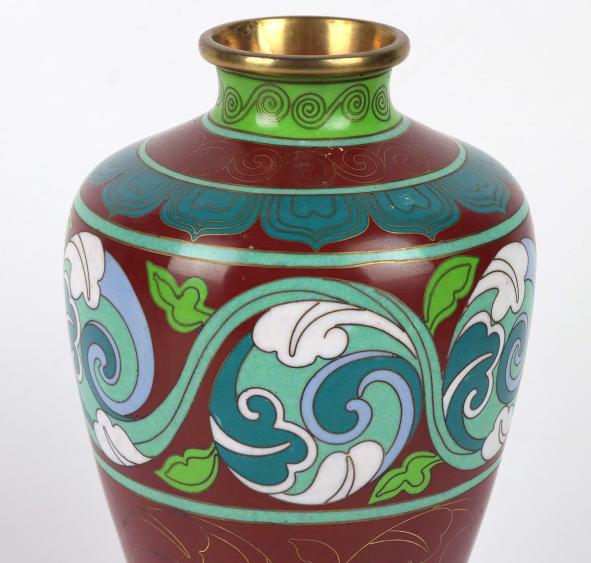 Cloisonné Vase poliertes Messing in mehrfarbiger Emaillierung in der Technik des Zell - Bild 2 aus 2