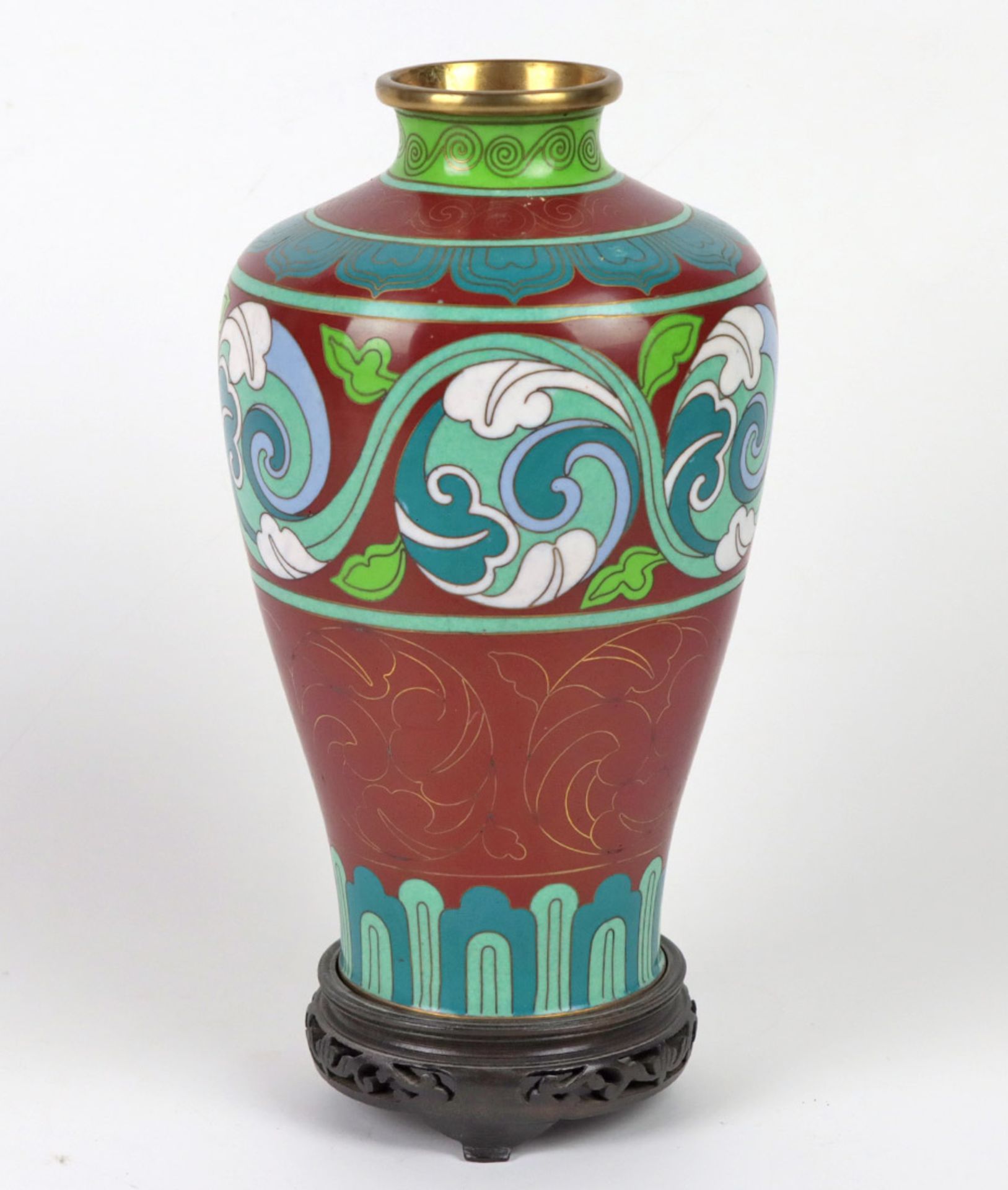 Cloisonné Vase poliertes Messing in mehrfarbiger Emaillierung in der Technik des Zell