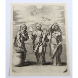 Kupferstich 17./18. Jhd. allegorische Darstellung von drei weiblichen Figuren, darübe