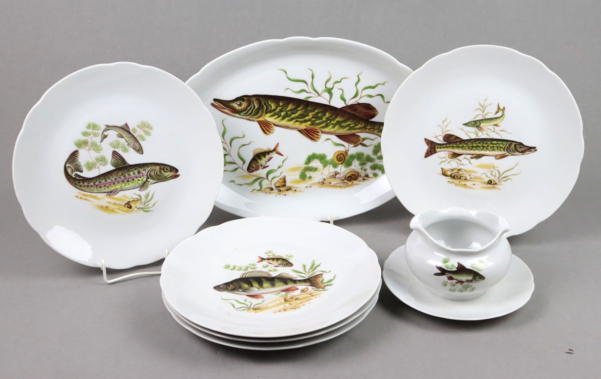 Fischservice für 5 Personen Porzellan mit grüner Unterglasurmarke Bareuther, Waldsas