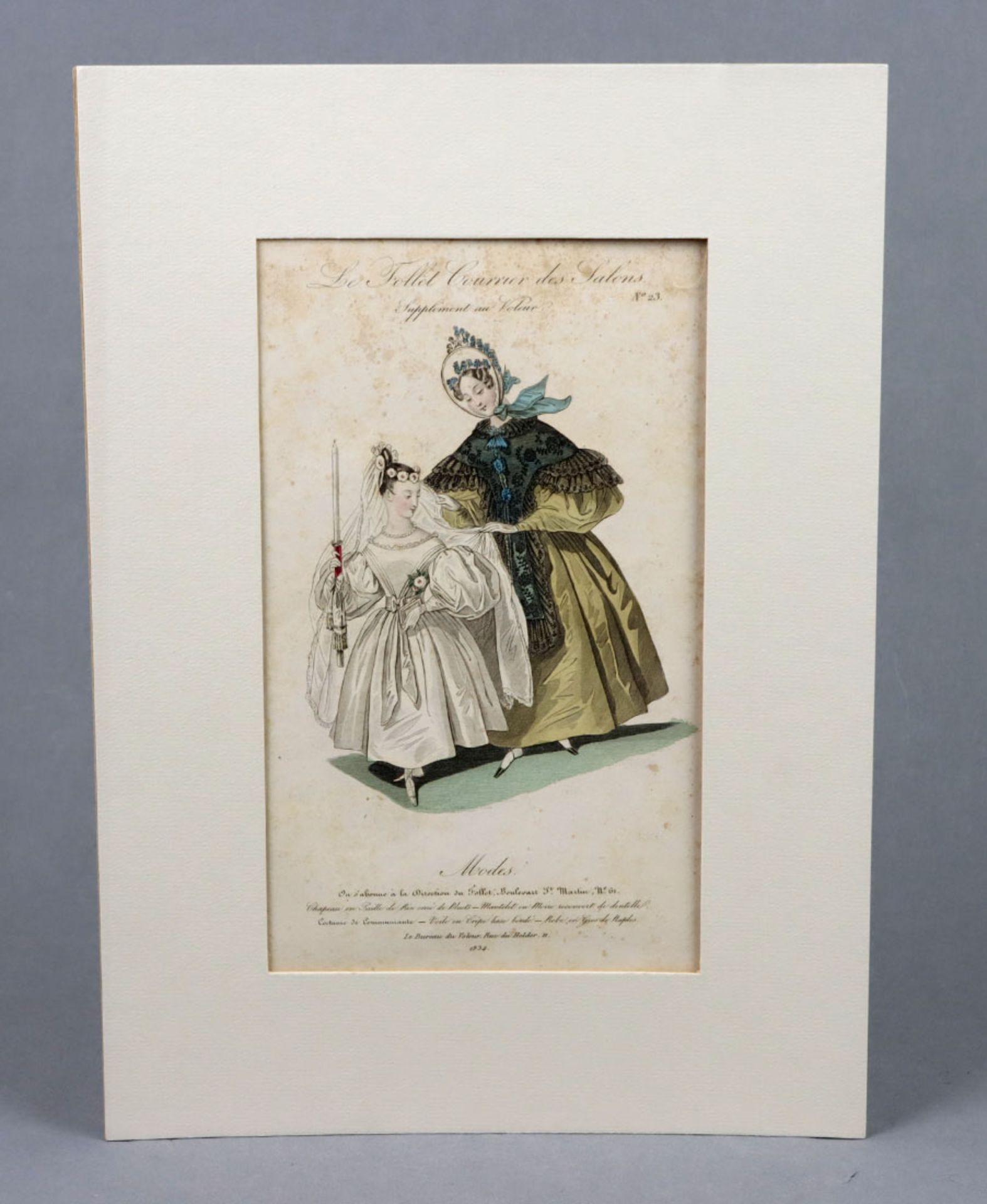 kolorierter Mode Kupferstich Frankreich 1834 Blatt Nr. 23 aus dem Werk *Le Trollet Cou