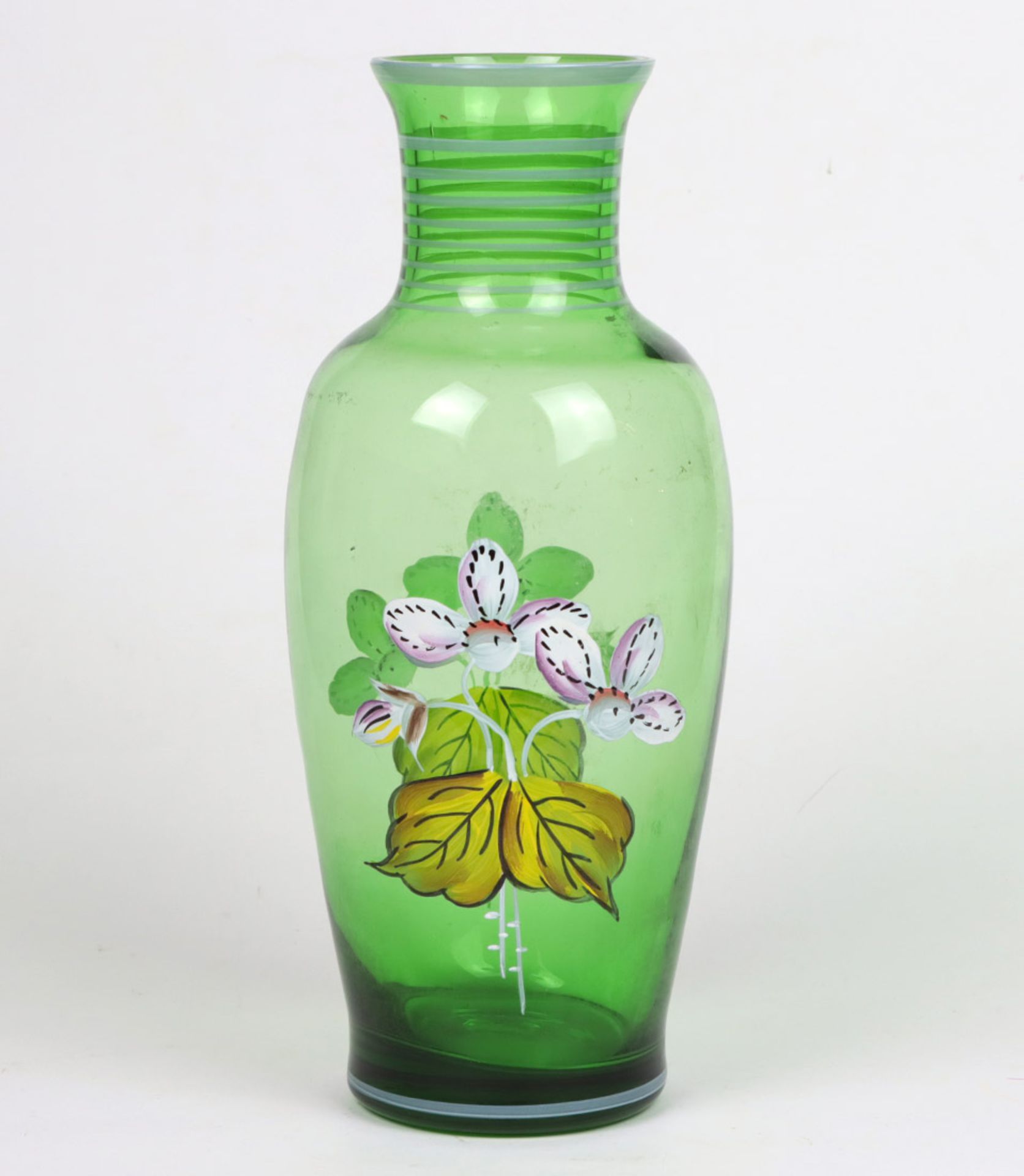 große Vase Handmalerei grünes Glas, ovoider Korpus mit kurzem zylindischem Hals und