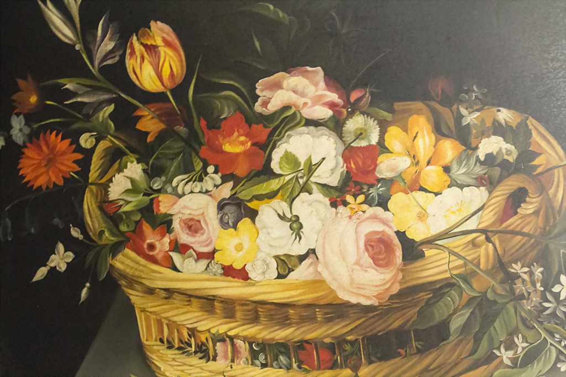 Künstler des 19. Jh., 'Stillleben mit Blumenkorb und Blumenvase' / 'A still life with flower ba - Bild 3 aus 5