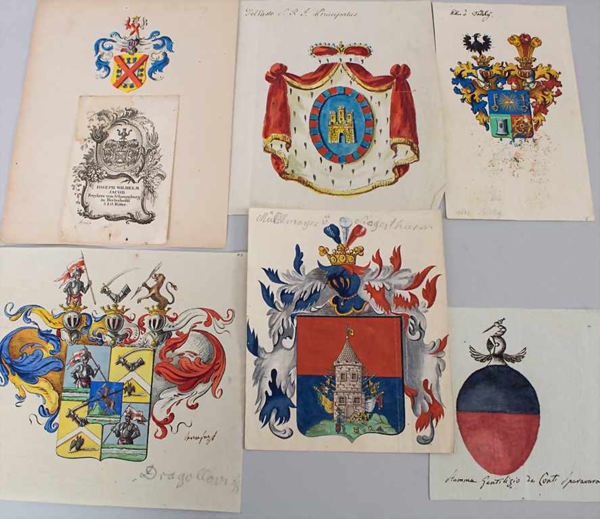 Heraldik: Sammlung 6 Adelswappen / A collection of 6 noble coats of arms, 18. Jh.Techn