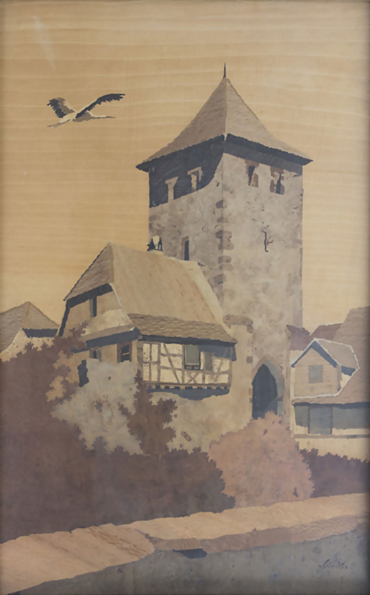Charles Spindler (1865-1938), Marketeriebild 'Elsässische Ansicht' / A marquetry 'Alsatian view - Image 2 of 5