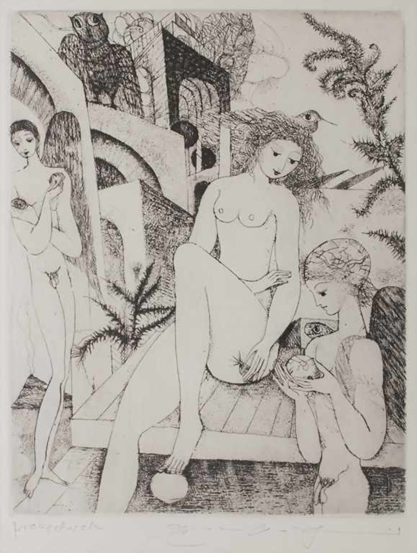 Künstler des 20. Jh., 'Aktfiguren in Fantasie-Landschaft' / 'Nude figures in fantasy landscape'