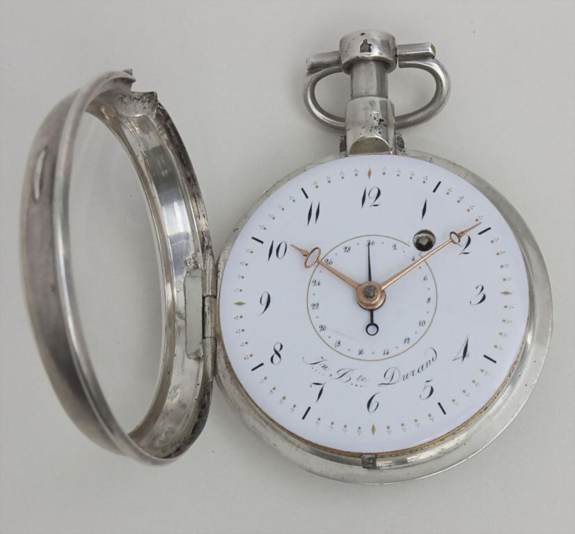 Offene Herrentaschenuhr, Durand, Paris, um 1810Silbergehäuse gepunzt, Emailziffernbla