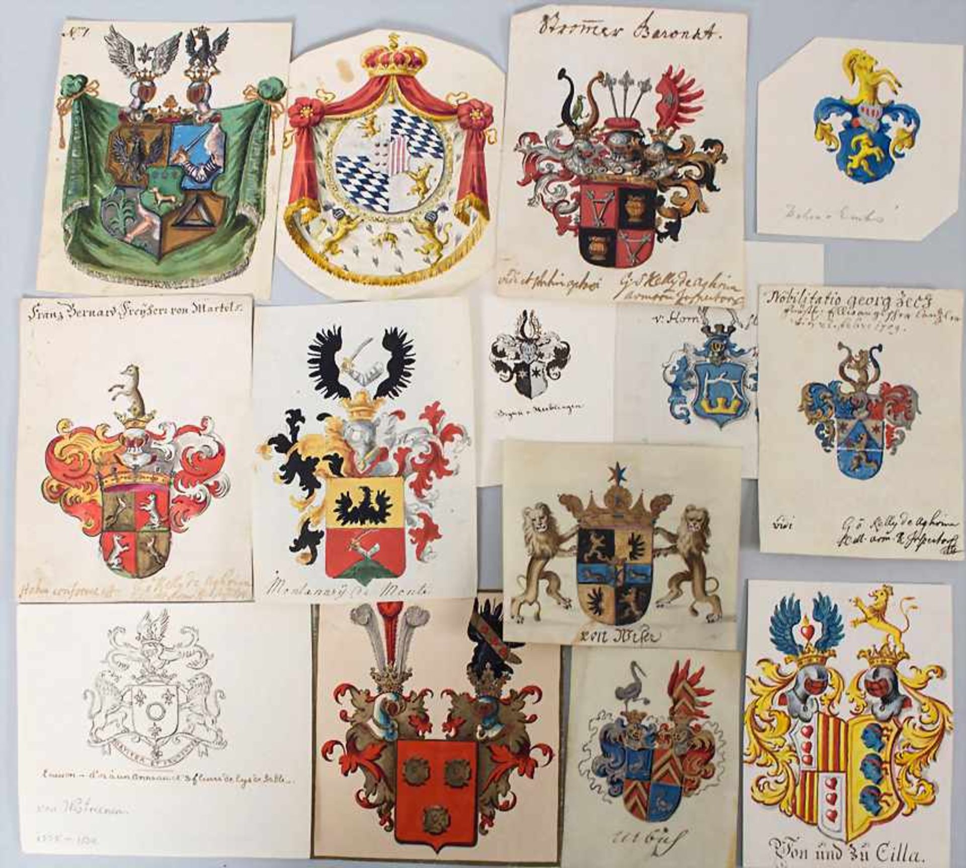 Heraldik: Sammlung 14 Adelswappen / A collection of 14 noble coats of arms, 18. Jh.Tec