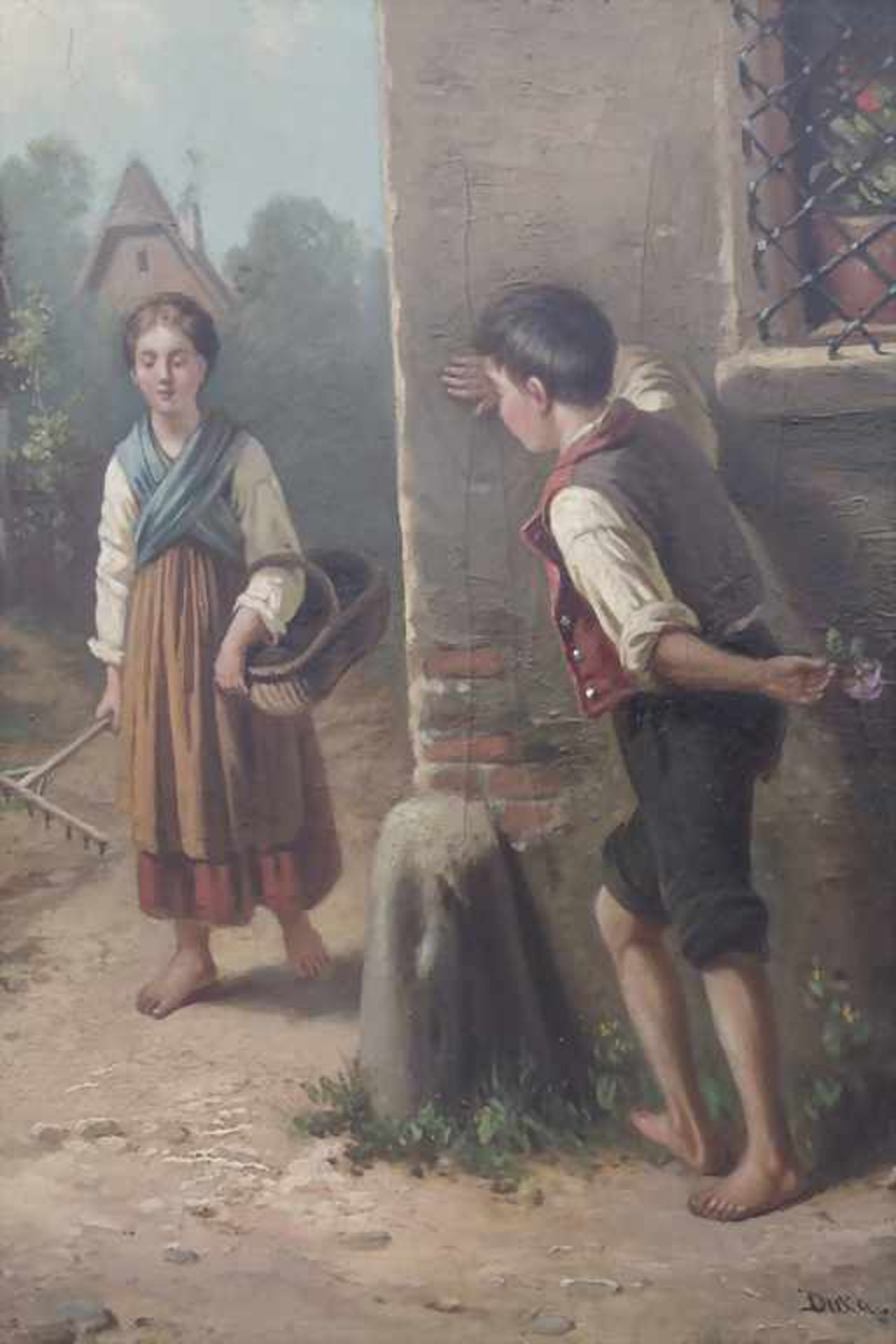 Alois Duxa (1843-?), 'Knabe mit Rose, ein Mädchen überraschend' / 'A boy with a rose, surprisi - Image 3 of 7