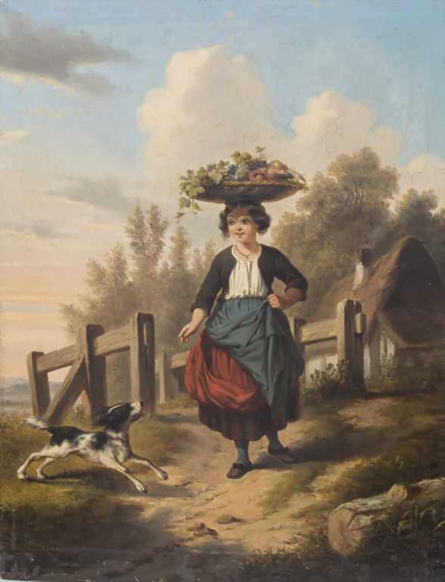 Künstler des 19. Jh., 'Mädchen mit Früchtekorb und Hund' / 'A girl with fruit basket and a do