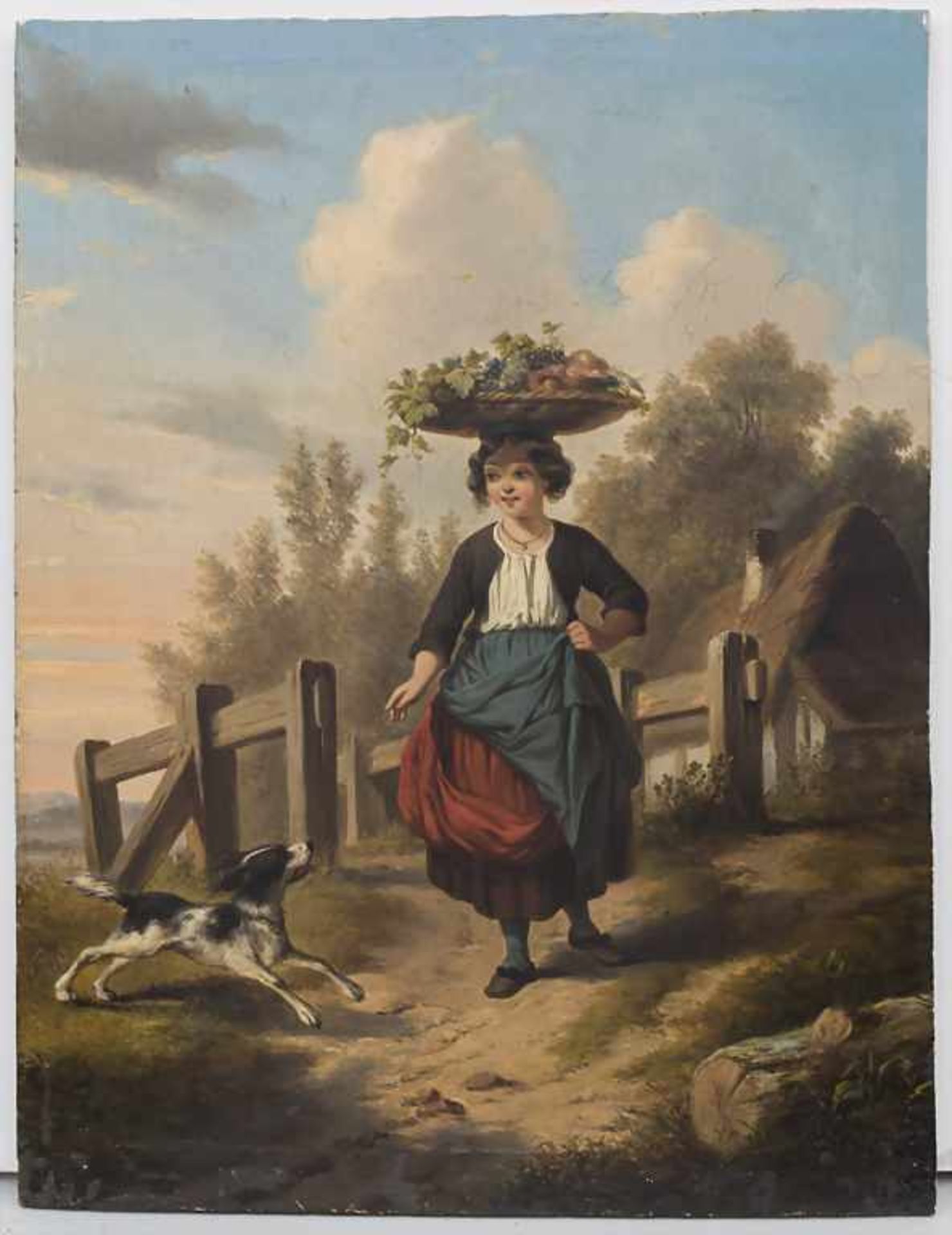 Künstler des 19. Jh., 'Mädchen mit Früchtekorb und Hund' / 'A girl with fruit basket and a do - Bild 2 aus 5