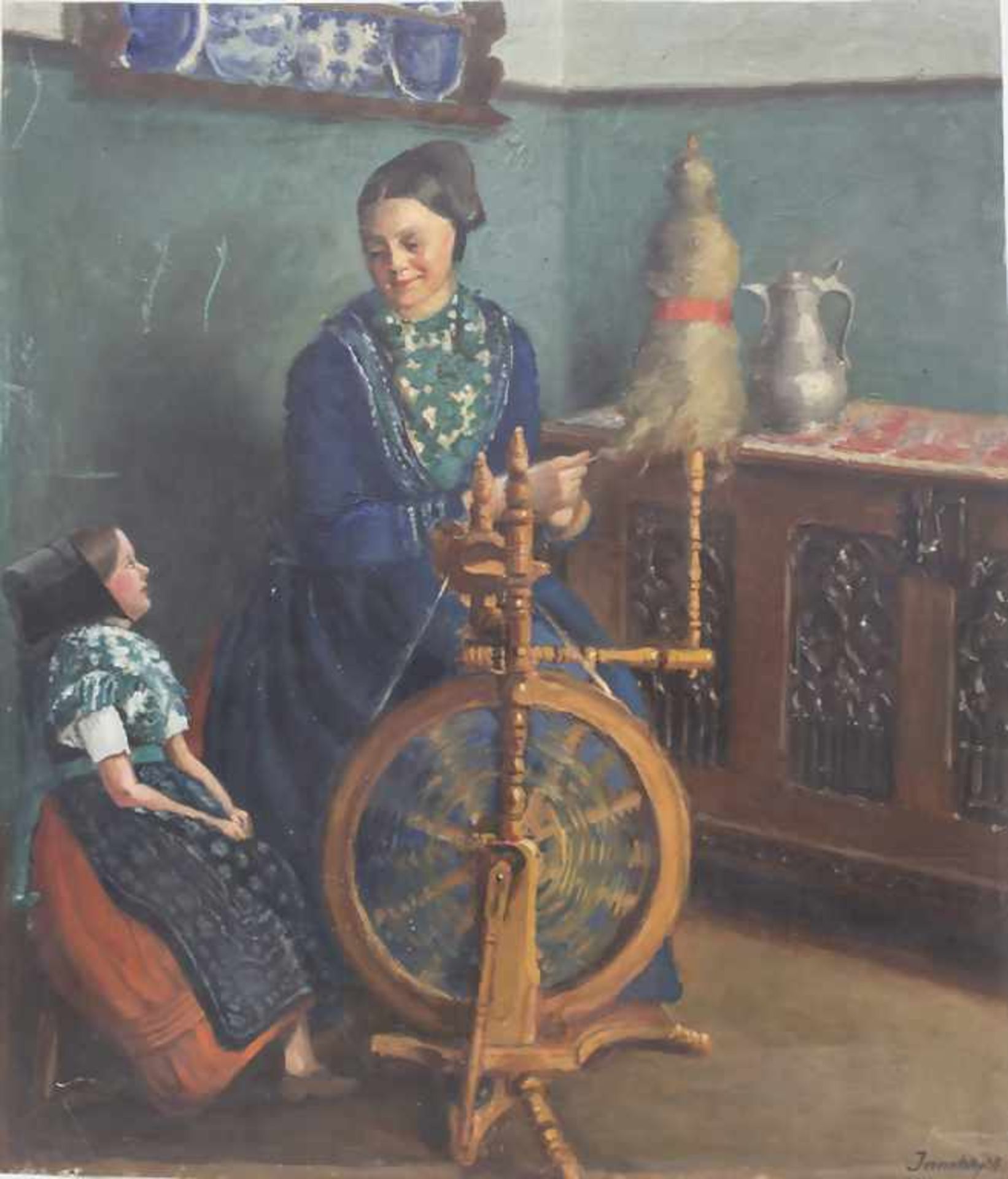 Ernst Janetzky, (1879-1958), 'Friesische Frau mit Kind am Spinnrad' / 'A frisian woman and child