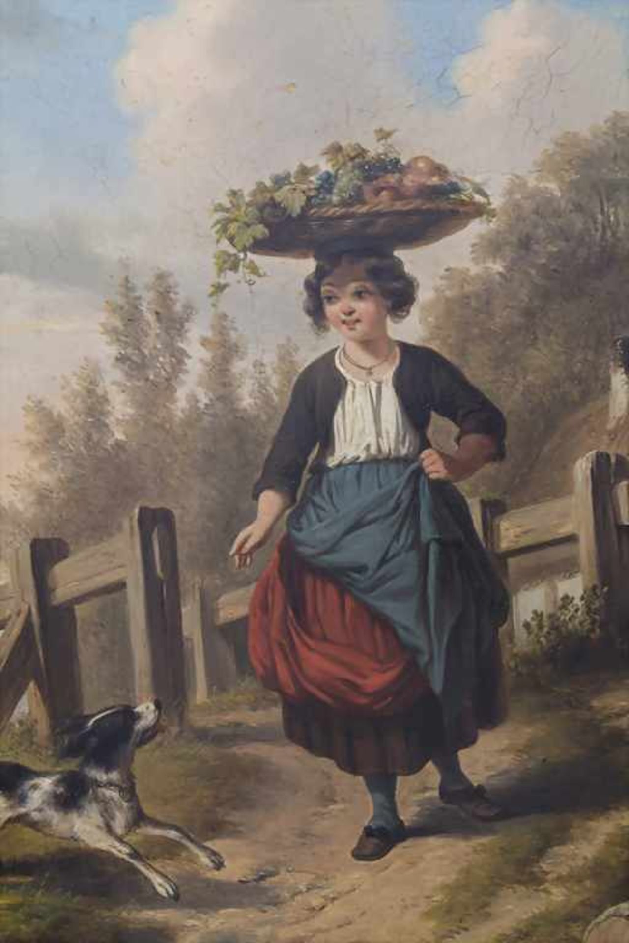 Künstler des 19. Jh., 'Mädchen mit Früchtekorb und Hund' / 'A girl with fruit basket and a do - Bild 3 aus 5