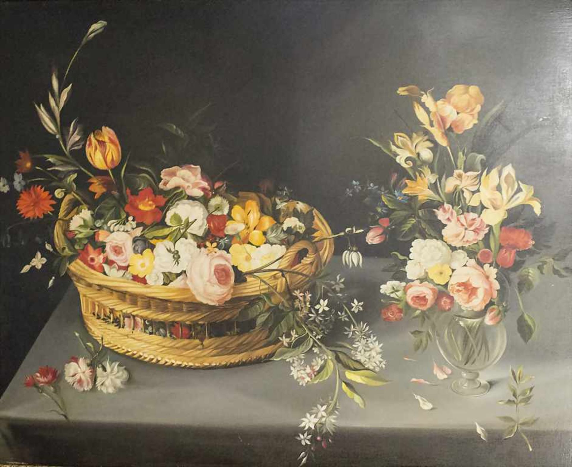 Künstler des 19. Jh., 'Stillleben mit Blumenkorb und Blumenvase' / 'A still life with flower ba