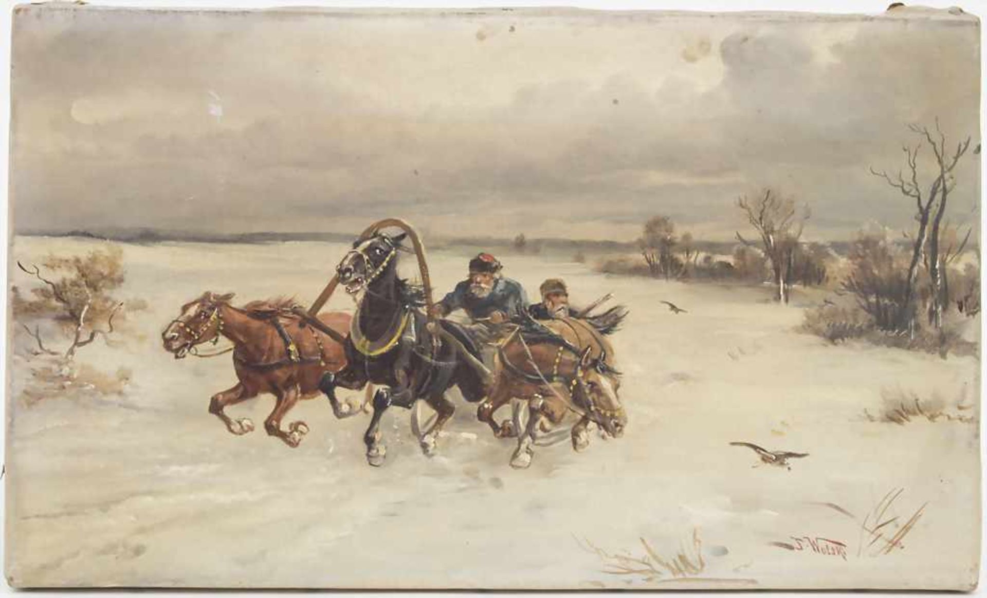Jan Wolski (1907-1990), 'Verschneite Winterlandschaft mit Troikaschlitten' / 'A winter landscape