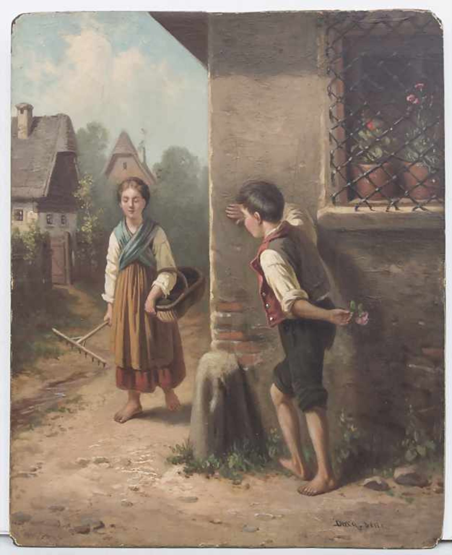 Alois Duxa (1843-?), 'Knabe mit Rose, ein Mädchen überraschend' / 'A boy with a rose, surprisi