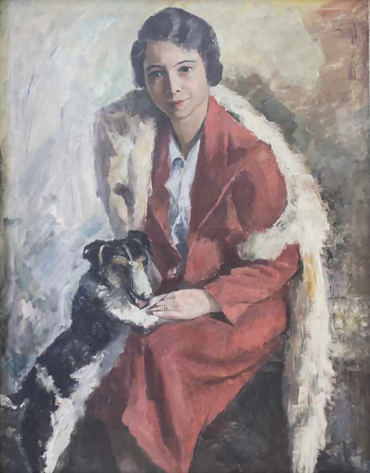 W. Simer (tätig um 1935), 'Dame mit Foxterrier' / 'A lady with a fox terrier'Technik: