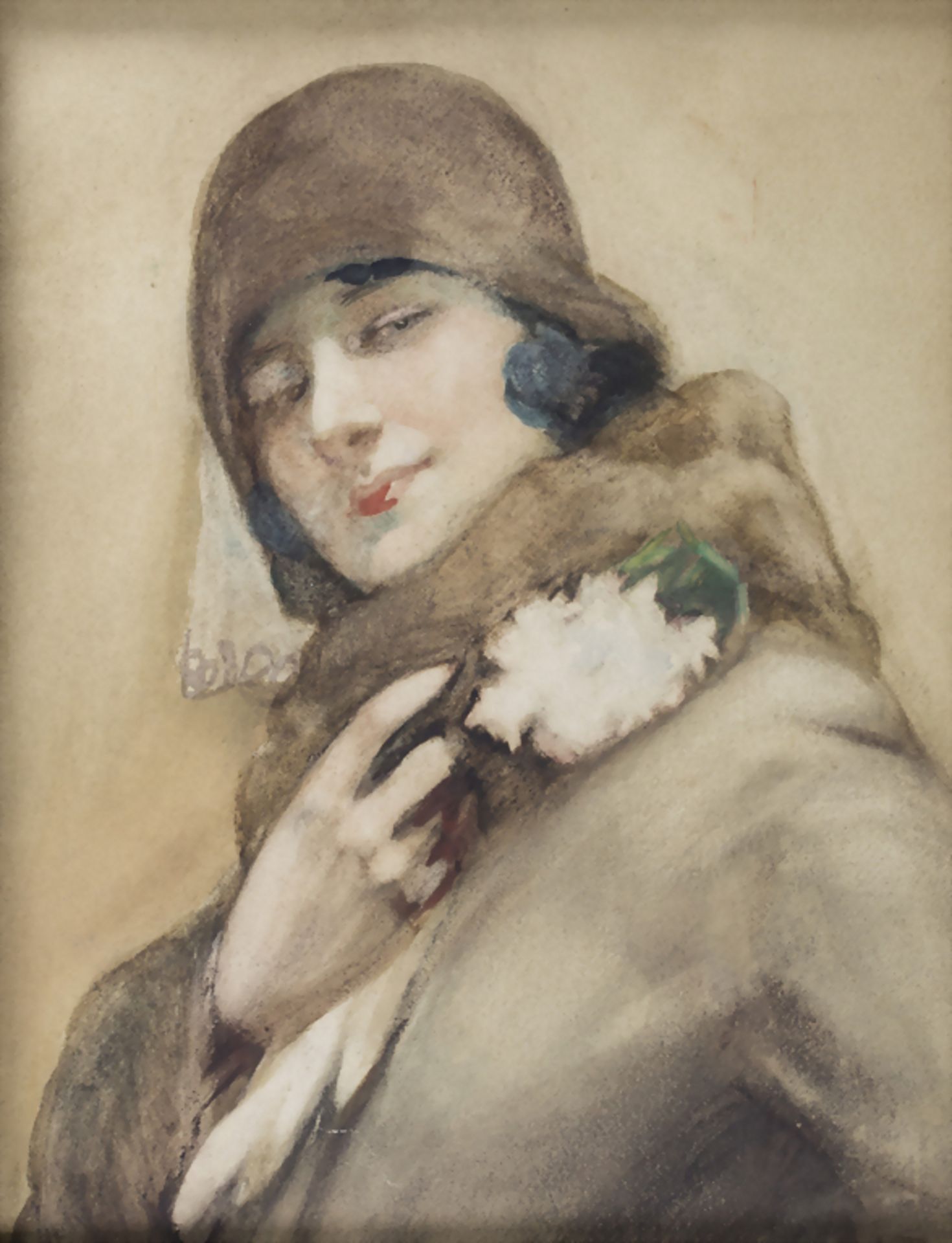 Art Déco Porträt einer Dame mit Pelzkragen