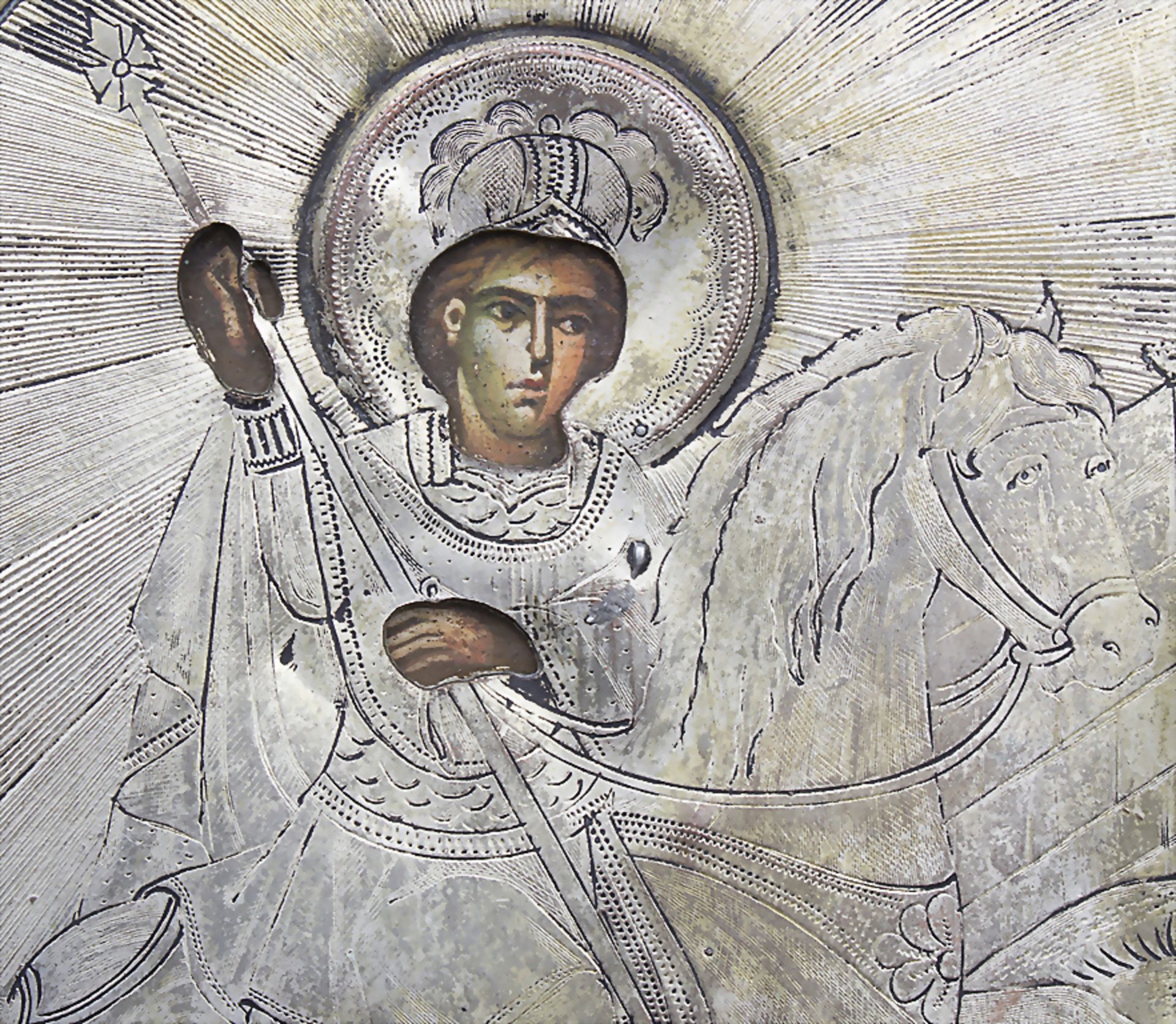 Ikone 'Heiliger Georg' mit Silber-Oklad / An icon 'with saint Georg`, Russland / Rusia, 19. Jh. - Image 2 of 3