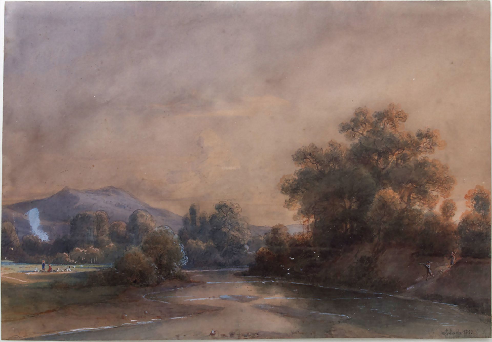R. Becker (tätig 1850), 'Flusslandschaft mit Figurenstaffage' / 'A riverscape with figures'
