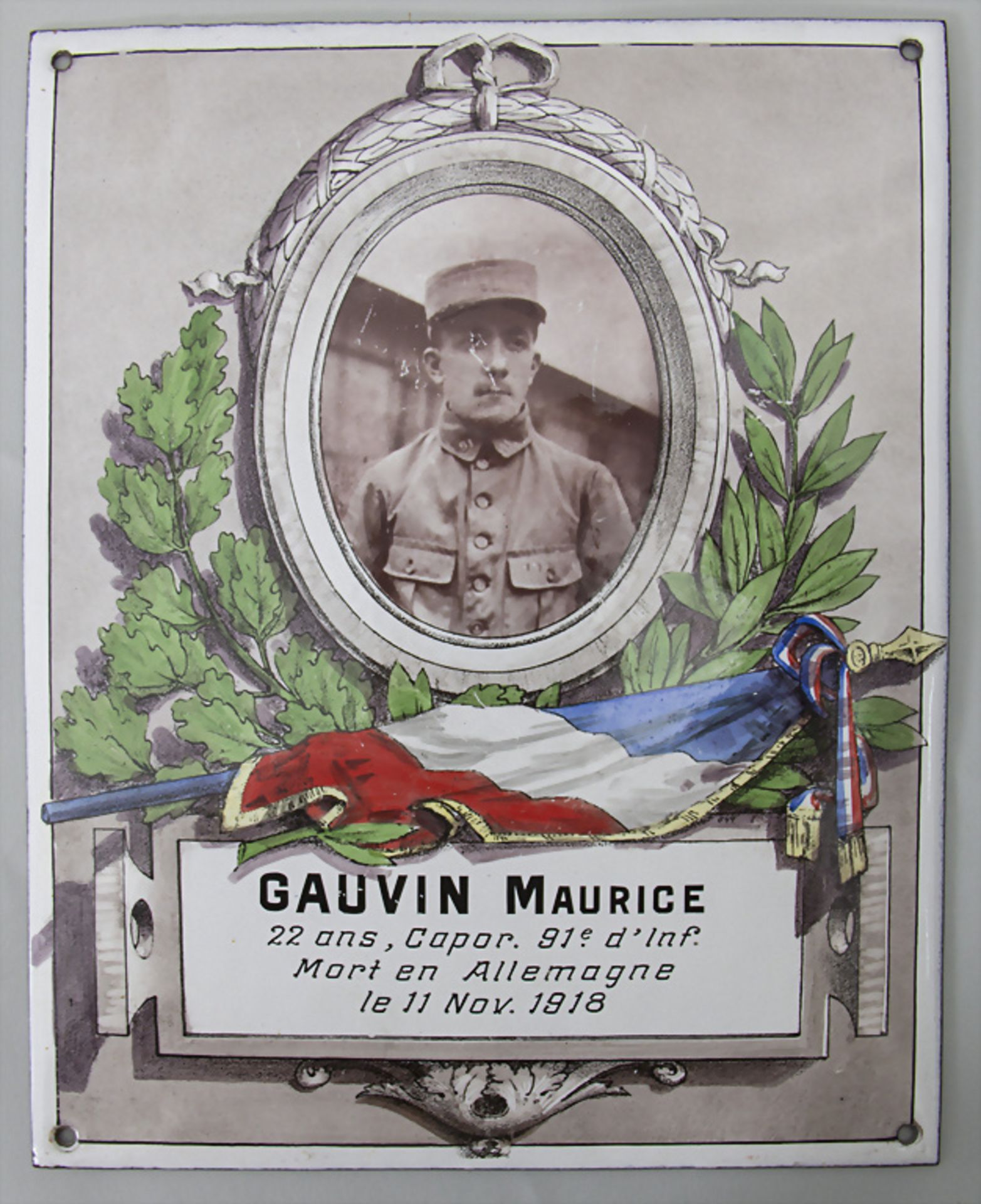 Emaille-Gedenkschild / A memorial enamel plaque, Frankreich, 1. Weltkrieg