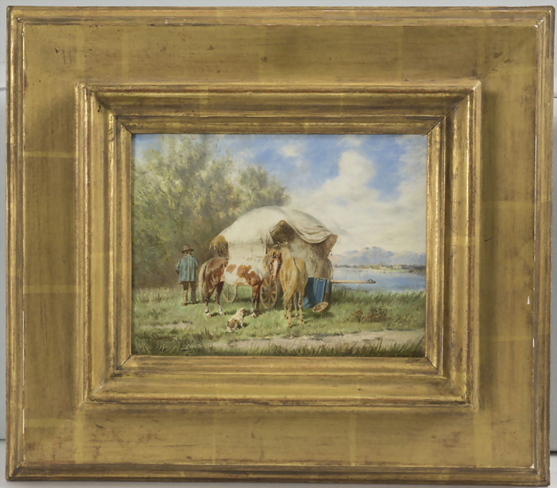 Franz QUAGLIO (1844-1920), 'Ländliche Idylle mit Senner, Heuwagen und Pferden vor Bergsee' / ... - Bild 3 aus 4