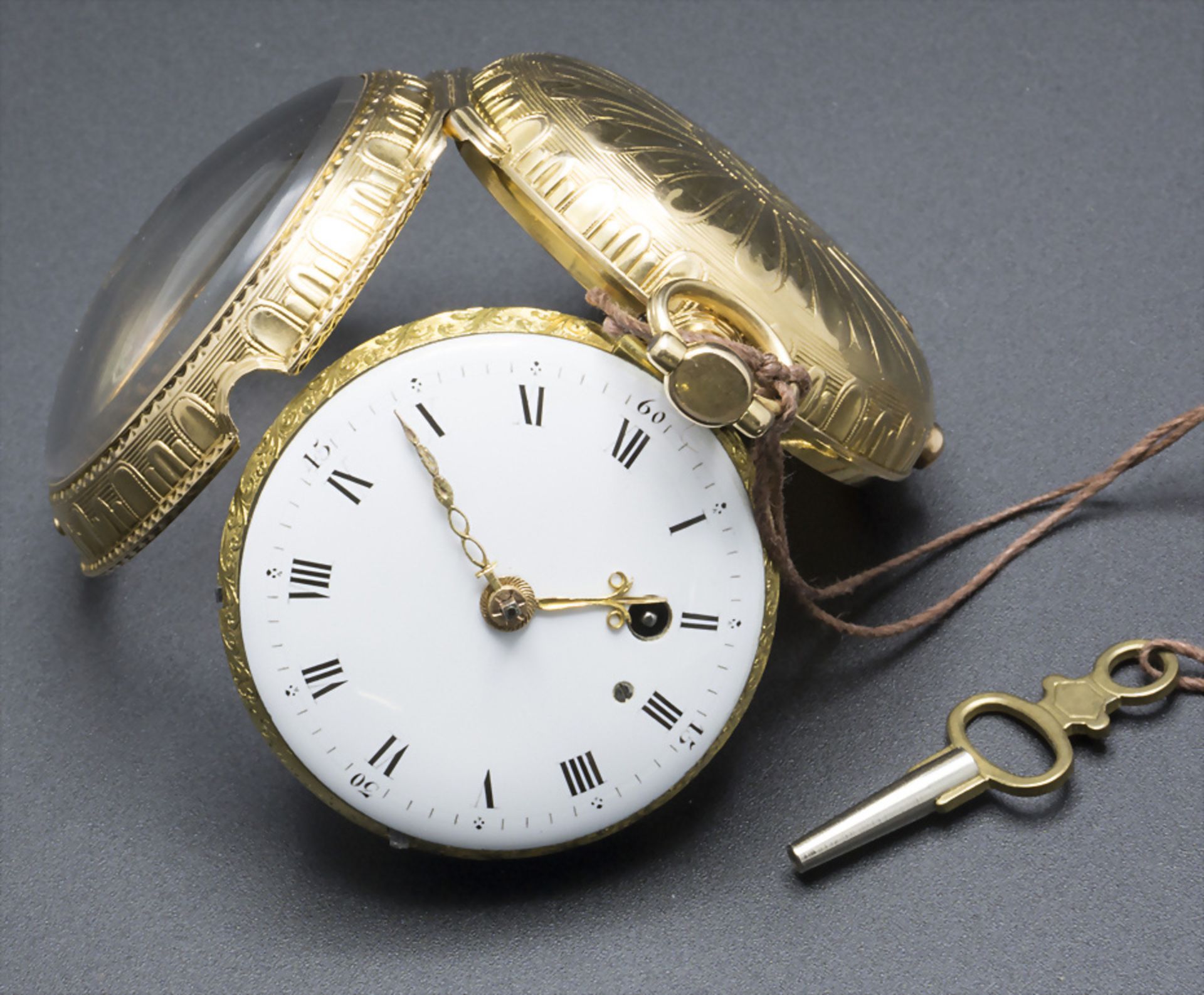 Offene Taschenuhr mit 1/4 Std. Repetition / An 18k gold pocket watch 1/4 quarter repeater, ... - Image 4 of 8