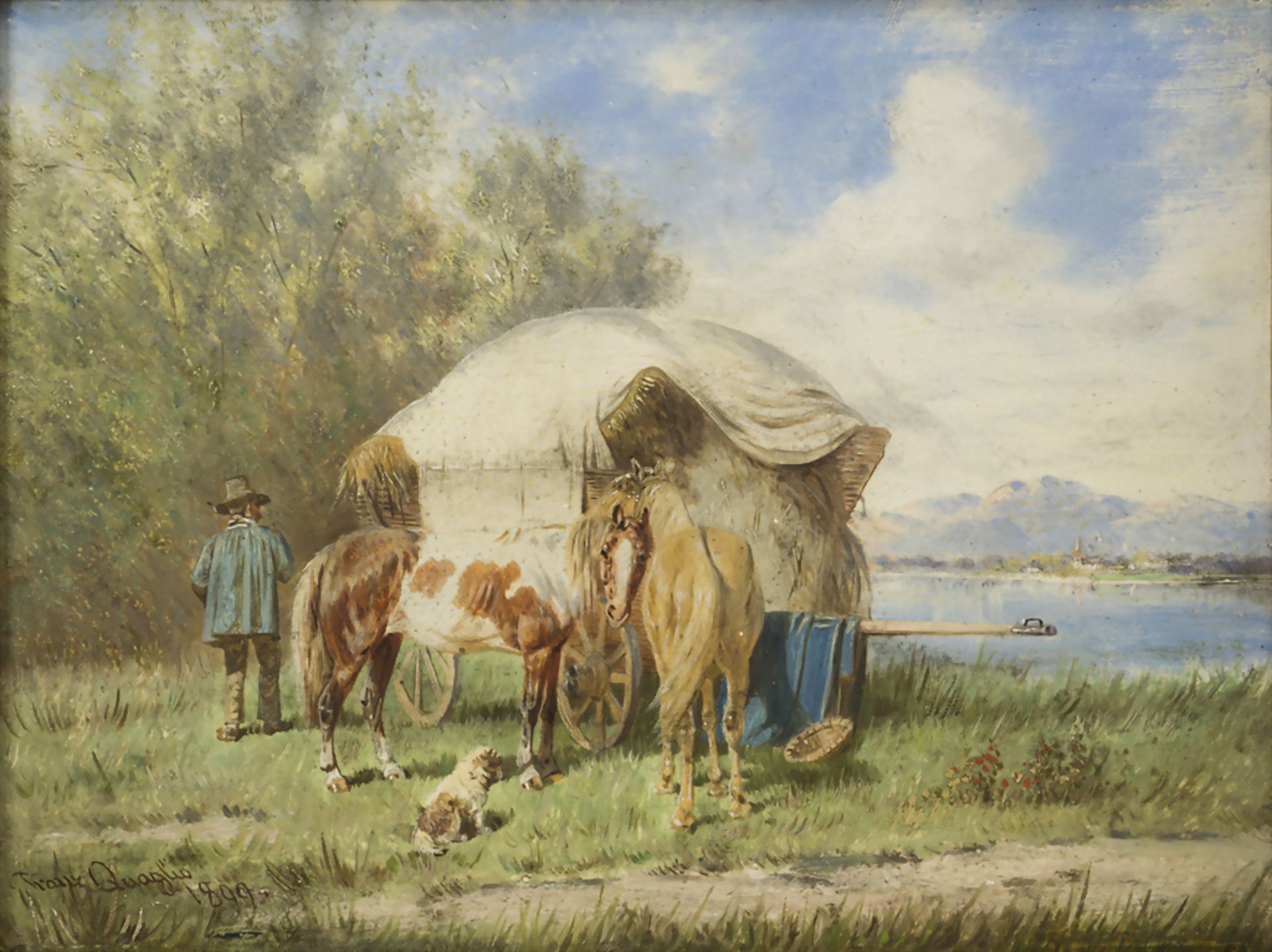 Franz QUAGLIO (1844-1920), 'Ländliche Idylle mit Senner, Heuwagen und Pferden vor Bergsee' / ...