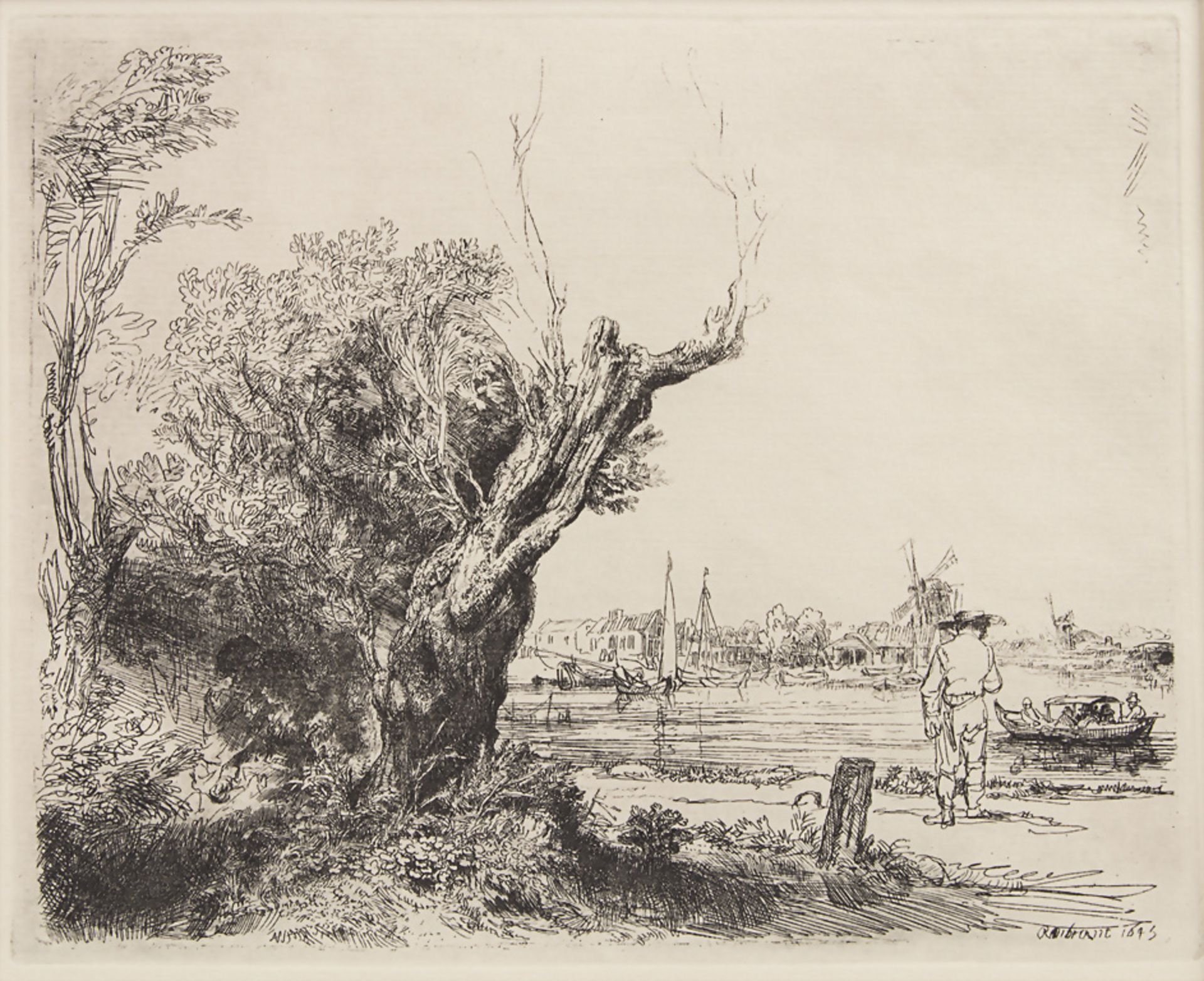 Nach Rembrandt Harmensz van Rijn (1606-1662), 'Landschaft mit Boot und Windmühle' / 'Landscape ...