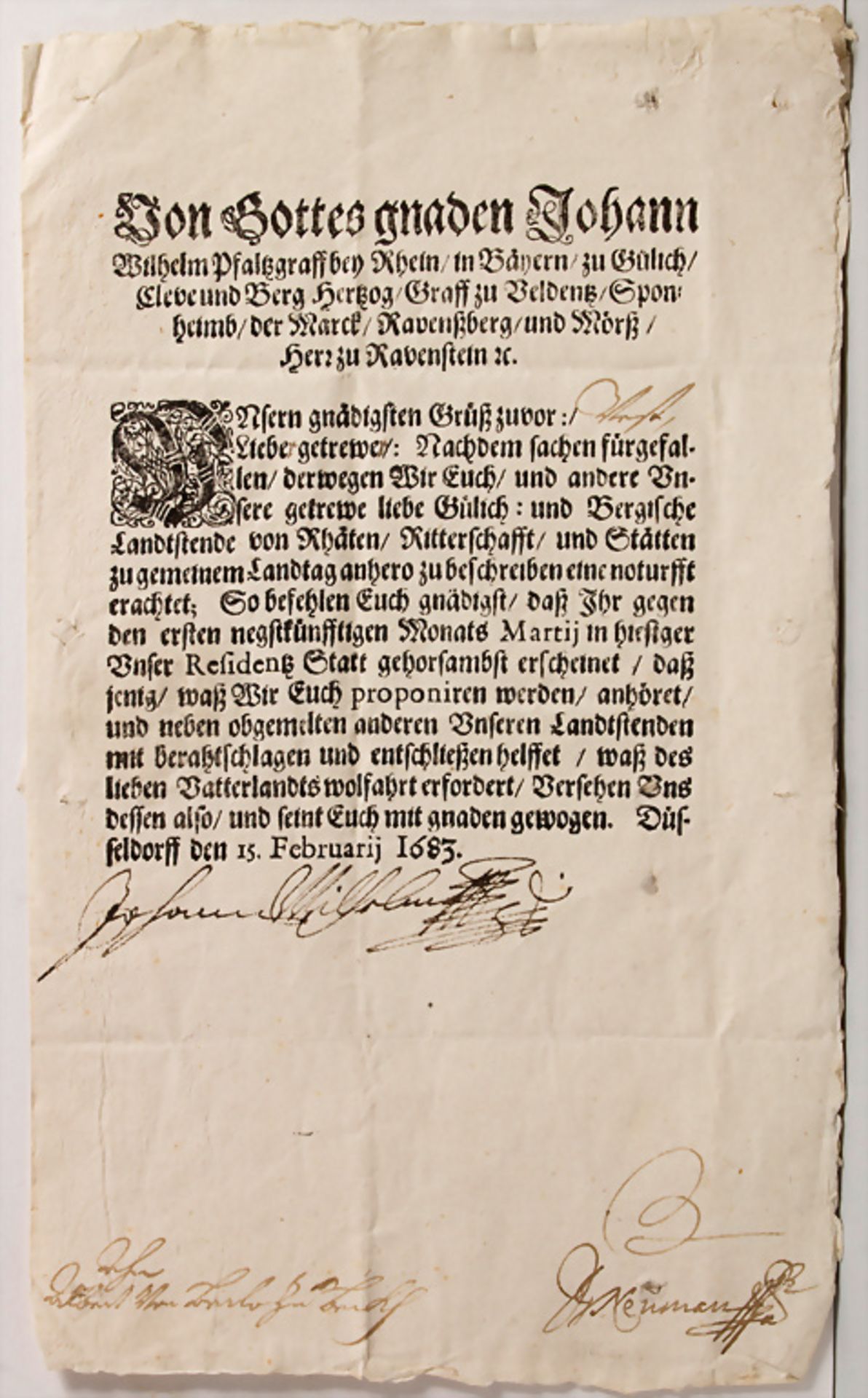 Erlass von Johann Wilhelm, Kurfürst der Pfalz (1658-1716), 1683