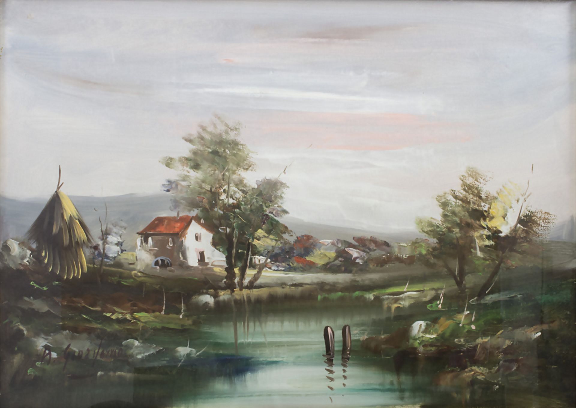 A. Grazilavio, 'Bauernhaus und Strohhütte am See' / 'A farmer's house and a straw hut at a ...