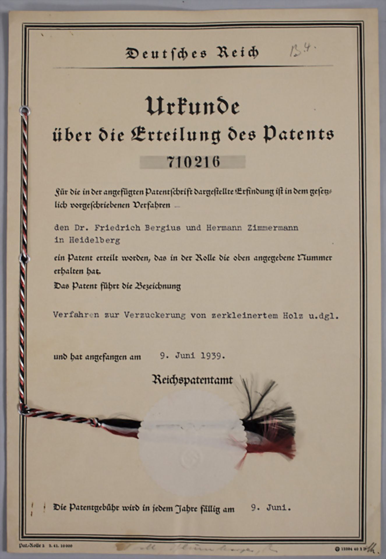 Patente der Holzhydrolyse Aktiengesellschaft Mannheim-Rheinau, um 1940