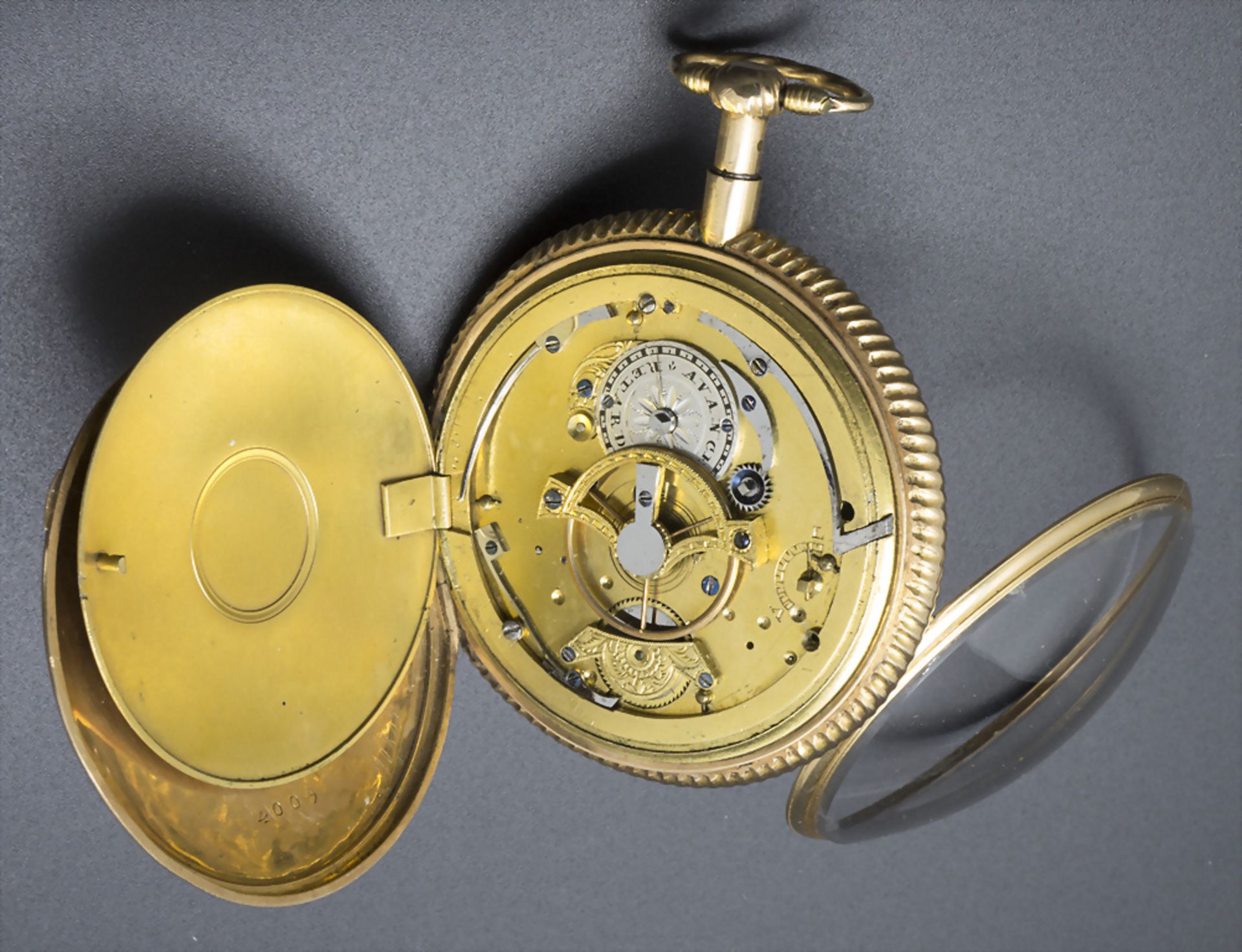 Offene Taschenuhr mit 1/4 Std. Repetition und Kalender / An 18k gold pocket watch 1/4 quarter ... - Image 2 of 6