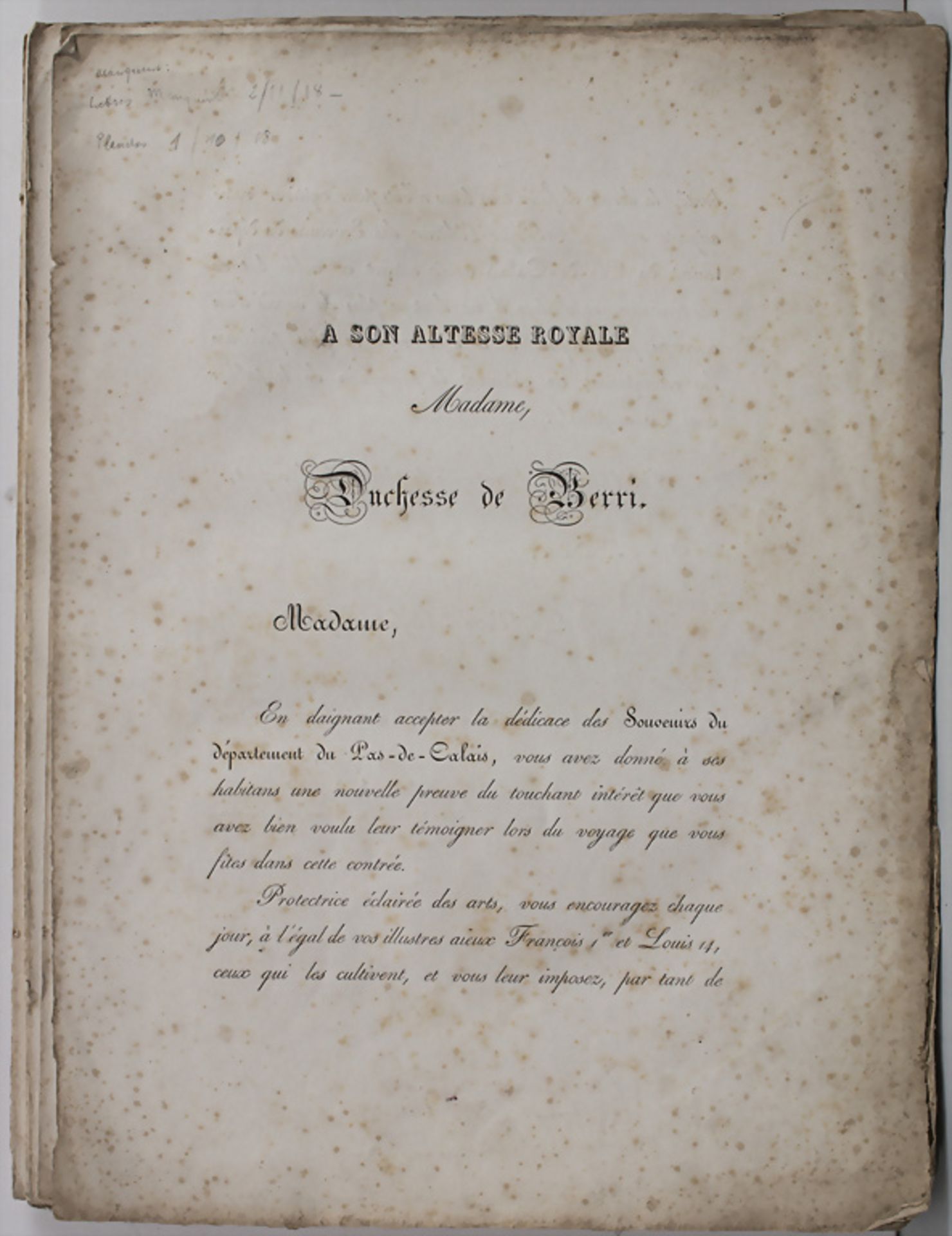 P. Hédouin: 'Souvenir du département du Pas-de-Calais. A son Altesse Royale Madame (Caroline), ...