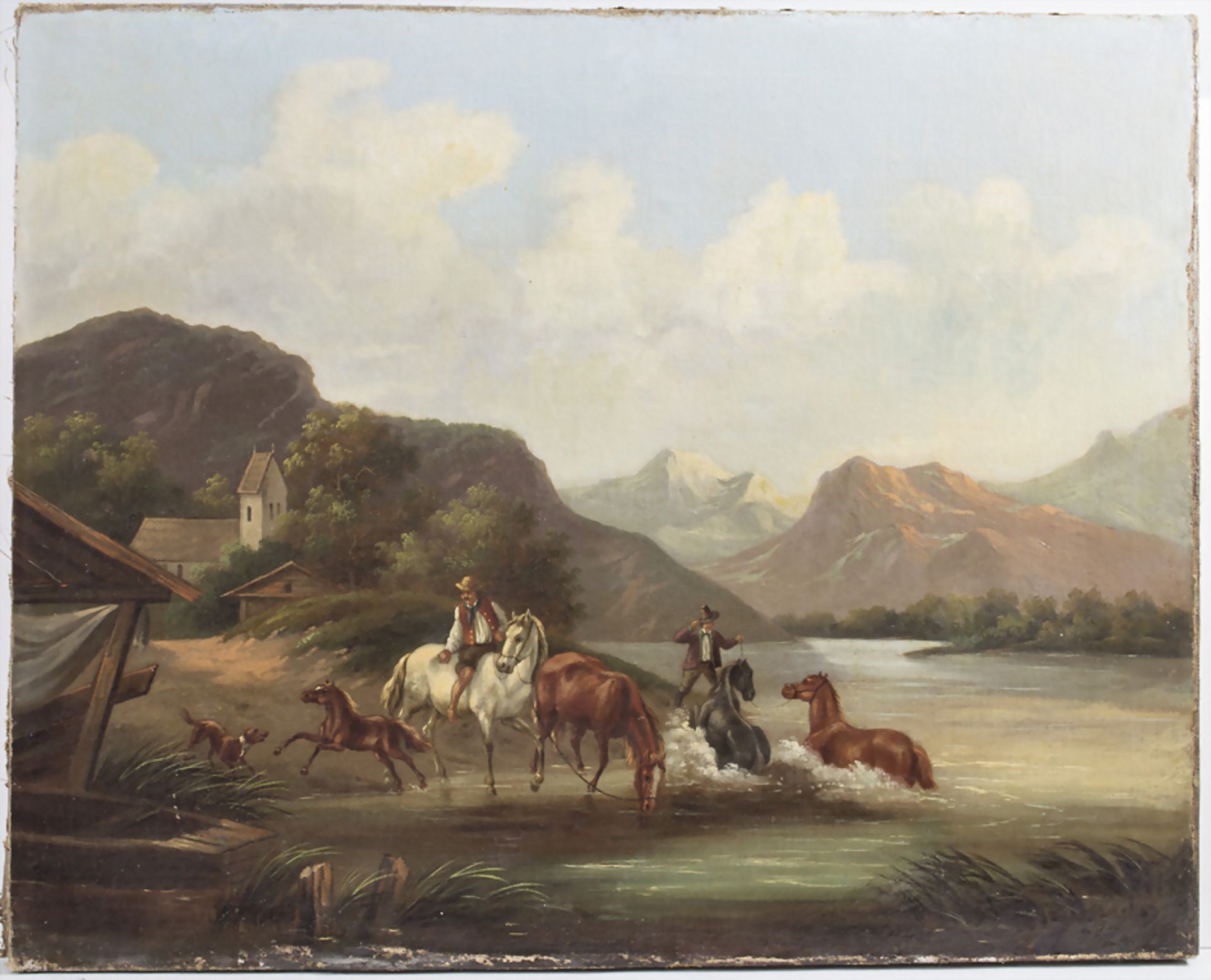 Künstler des 19. Jh., 'Pferde am Fluss' / 'Horses at a lake', süddeutsch