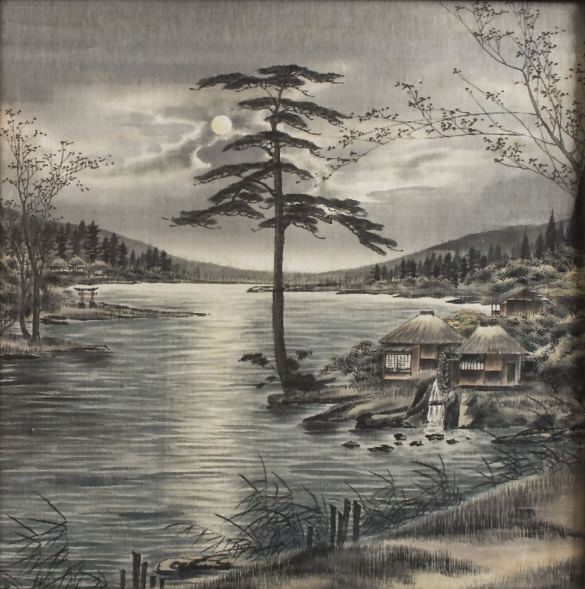 Stickbild einer Landschaft mit Hütten und Mühle im Mondschein, China/Japan, 20. Jh.